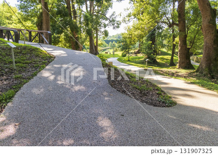 A path paved with small colored pebbles A path paved with small colored pebbles 131907325