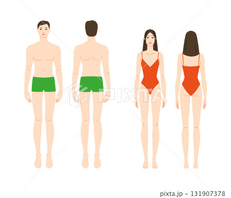 Male and female body template front and back view, Light Beige skin tone diversity man, woman. Flat vector anatomy 131907378