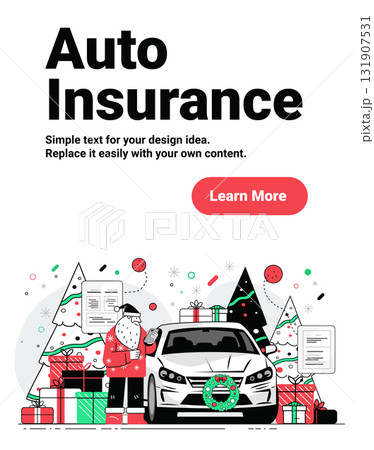 Santa auto insurance Christmas car holiday gifts decorated tree festive winter scene website banner 131907531