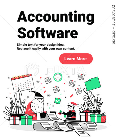 Santa Claus accounting Christmas office elf paperwork gifts calendar clock plants festive workspace documents modern website banner 131907532