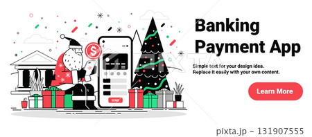 Santa banking payment app Christmas New Year 2025 concept with Santa using smartphone near tree gifts bank building festive decorations 131907555