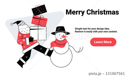Santa Merry Christmas snowman gifts festive scene flat cartoon character holding present with snowman red black white background website banner 131907561