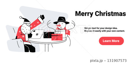 Santa Merry Christmas celebration snowman exchanging gifts festive winter scene red black white modern website banner 131907573