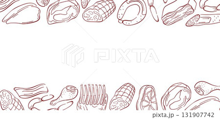 Border frame with various meat cuts, chicken, bacon in line art style. Perfect for butcher shop design, recipe book or flyer. 131907742