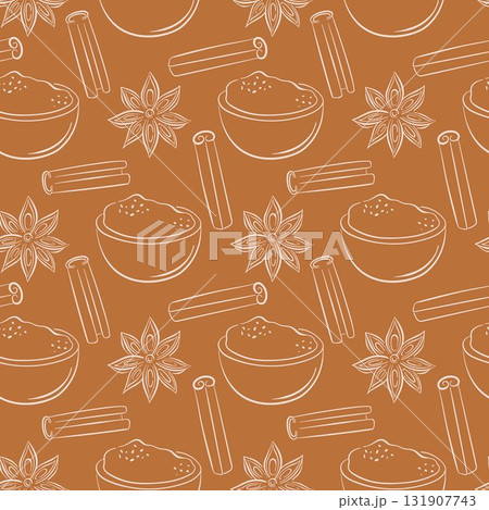 Seamless pattern with bowl of ground cinnamon, stick and star anise in line art style on a warm brown background. 131907743