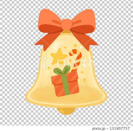 Festive Christmas bell with a Christmas gift and candy cane illustration Festive Christmas bell with a Christmas gift and candy cane illustration 131907757