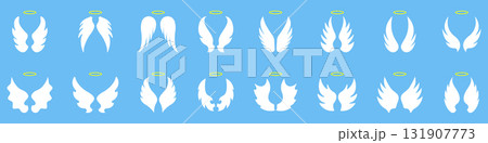 Elegant White Angel Wings With Halo Solid Icon Set. Collection Of Graceful Wing Silhouette Icons. Spiritual Ascent, Divinity, And Celestial Guidance. Isolated Vector Illustration 131907773