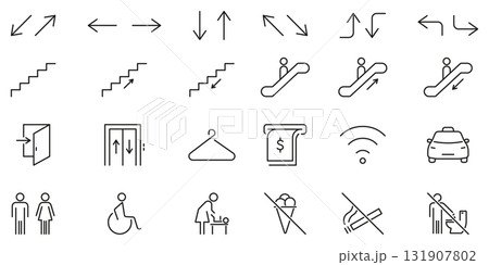 Directional And Facility Icons Set. Navigation, Accessibility and Public Amenities Outline Symbol Collection. Editable Stroke. Isolated Vector Illustration 131907802