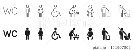 Wc And Restroom Sign Icon Set. Universal Bathroom, Accessibility and Hygiene Symbols Collection. Includes Male, Female, Disabled, Baby Changing and No Toilet Use Icons. Isolated Vector Illustration 131907803
