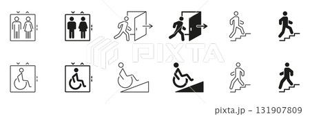 Elevator, Exit and Accessibility Icon Set. Public Facility Navigation And Accessibility Symbols Collection. Isolated Vector Illustration 131907809