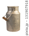 old metal milk can with wooden handle isolated on white background. farmhouse decoration or rustic storage. aluminum can 131907918