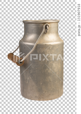 old metal milk can with wooden handle isolated on white background. farmhouse decoration or rustic storage. aluminum can 131907918