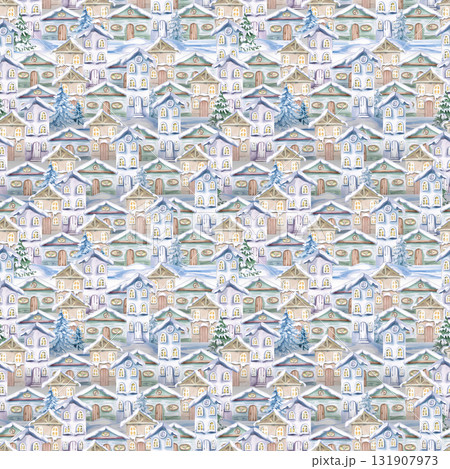 A seamless pattern with fairytale winter houses. This watercolor illustration is perfect for Christmas packaging design, textile printing, and fabric printing. 131907973
