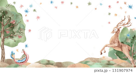 Rectangular frame with a stylized landscape and a deer. Isolated watercolor illustration in a folk style for home textiles, interior design, poster printing, and invitations. Rectangular frame with a stylized landscape and a deer. Isolated watercolor illustration in a folk style for home textiles, interior design, poster printing, and invitations. 131907974