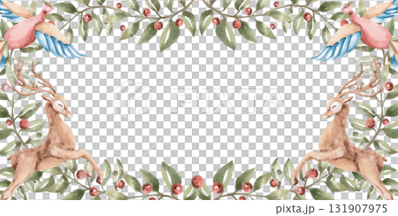 A rectangular frame with branches, red berries, and fairytale birds and deer. Isolated watercolor illustration in a folk style for home textiles, interiors, posters, and invitations. A rectangular frame with branches, red berries, and fairytale birds and deer. Isolated watercolor illustration in a folk style for home textiles, interiors, posters, and invitations. 131907975