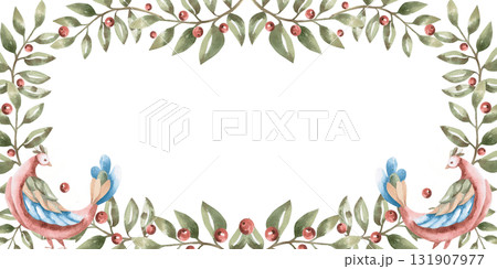 A rectangular frame with curved branches, red berries, and fairytale birds. Isolated watercolor illustration in a folk style for home textiles, interiors, posters, and invitations. A rectangular frame with curved branches, red berries, and fairytale birds. Isolated watercolor illustration in a folk style for home textiles, interiors, posters, and invitations. 131907977