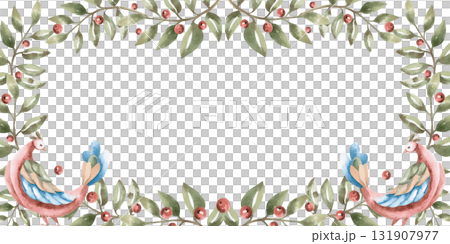 A rectangular frame with curved branches, red berries, and fairytale birds. Isolated watercolor illustration in a folk style for home textiles, interiors, posters, and invitations. A rectangular frame with curved branches, red berries, and fairytale birds. Isolated watercolor illustration in a folk style for home textiles, interiors, posters, and invitations. 131907977