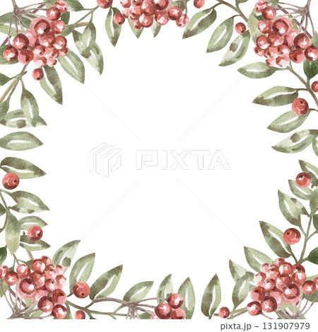 A square frame with rowan berry clusters. Isolated watercolor illustration in a folk style for home textiles, interiors, posters, and invitations. A square frame with rowan berry clusters. Isolated watercolor illustration in a folk style for home textiles, interiors, posters, and invitations. 131907979
