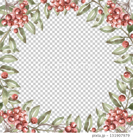 A square frame with rowan berry clusters. Isolated watercolor illustration in a folk style for home textiles, interiors, posters, and invitations. A square frame with rowan berry clusters. Isolated watercolor illustration in a folk style for home textiles, interiors, posters, and invitations. 131907979