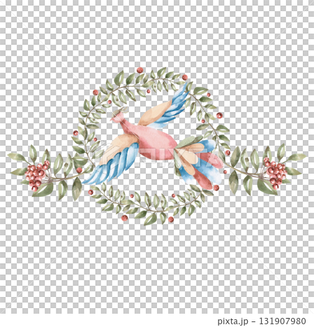 A flying fairytale bird against a background of rowan branches. Isolated watercolor illustration in a folk style for home textiles, interiors, posters, and invitations. 131907980