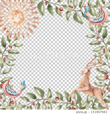 A square frame with a sun, fairytale flying birds, and a deer. Isolated watercolor illustration in a folk style for home textiles, interiors, posters, and invitations. 131907981