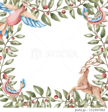 A square frame with branches and fairytale flying birds and a deer. Isolated watercolor illustration in a folk style for home textiles, interiors, posters, and invitations. 131907982