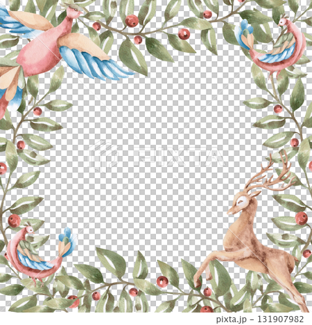 A square frame with branches and fairytale flying birds and a deer. Isolated watercolor illustration in a folk style for home textiles, interiors, posters, and invitations. A square frame with branches and fairytale flying birds and a deer. Isolated watercolor illustration in a folk style for home textiles, interiors, posters, and invitations. 131907982