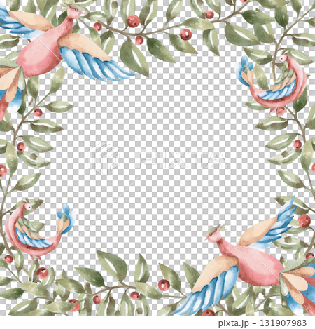 A square frame with curved branches and fairytale flying birds. Isolated watercolor illustration in a folk style for home textiles, interiors, posters, and invitations. A square frame with curved branches and fairytale flying birds. Isolated watercolor illustration in a folk style for home textiles, interiors, posters, and invitations. 131907983