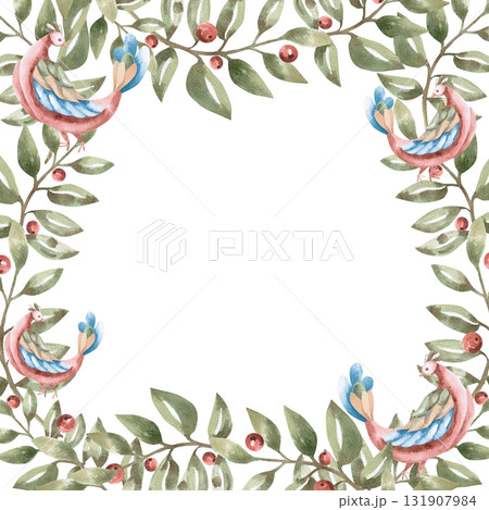 A square frame with curved branches and fairytale birds. Isolated watercolor illustration in a folk style for home textiles, interiors, posters, and invitations. 131907984