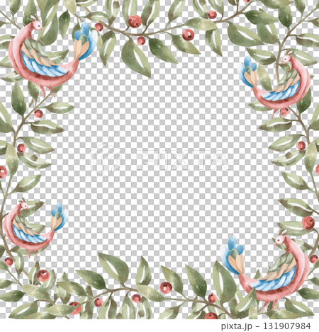 A square frame with curved branches and fairytale birds. Isolated watercolor illustration in a folk style for home textiles, interiors, posters, and invitations. 131907984