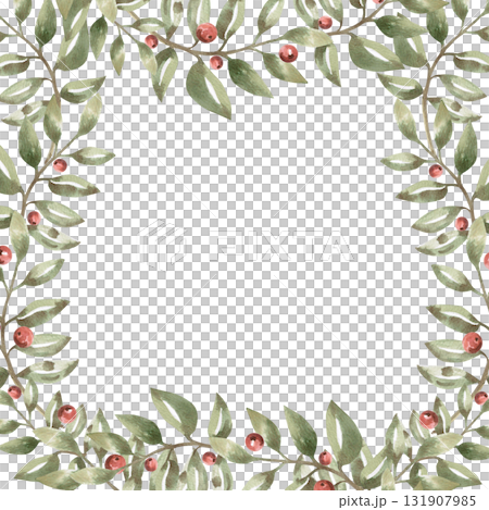 A square frame with curved branches and red berries. Isolated watercolor illustration of stylized branches for home textiles, interiors, posters, and invitations. A square frame with curved branches and red berries. Isolated watercolor illustration of stylized branches for home textiles, interiors, posters, and invitations. 131907985