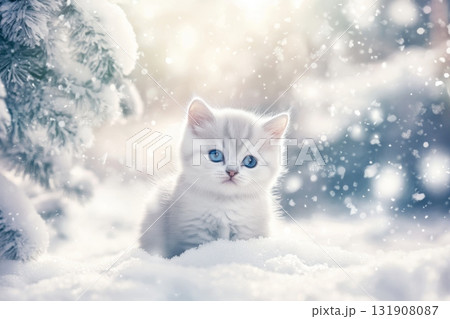 Cute little kitten in winter. White Chinchilla kitten sitting on the snow outdoors during snowfall. Copy space for text. Snowy winter background. Christmas backgrounds with pets. Cold Nature Scene Cute little kitten in winter. White Chinchilla kitten sitting on the snow outdoors during snowfall. Copy space for text. Snowy winter background. Christmas backgrounds with pets. Cold Nature Scene 131908087