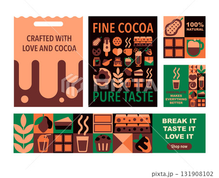Set of modern geometric banners and packaging templates for chocolate advertising and handmade sweets in a vector illustration 131908102