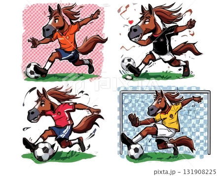 サッカーボールで遊ぶ馬のイラストセット 131908225