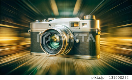 Vintage camera with dynamic motion blur effect, capturing the essence of speed and timeless photography Vintage camera with dynamic motion blur effect, capturing the essence of speed and timeless photography 131908252