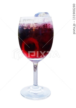 Chilled red wine spritzer with Ice cube in glass isolated on white background with clipping path 131908280