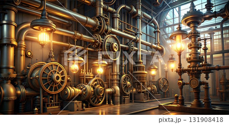 Elaborate Steampunk Factory Interior with Illuminated Pipes and Mechanical Components 131908418