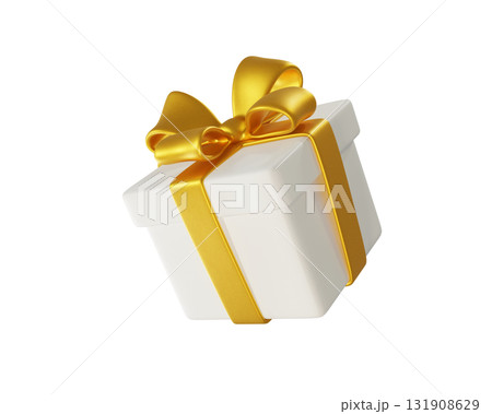 3D rendering White gift box with a Gold Bow. A stylized icon perfect for holiday, birthday, or Christmas. Ideal for greeting cards and promotional materials. 131908629