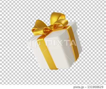 3D rendering White gift box with a Gold Bow. A stylized icon perfect for holiday, birthday, or Christmas. Ideal for greeting cards and promotional materials. 131908629