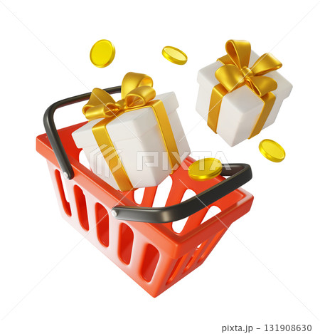 Red Supermarket Shopping Basket, White Gift Boxes with a Golden Bow and flying Gold Coins. 3d render. 3D Icon for Christmas, Greeting cards and promotional materials on a transparent background Red Supermarket Shopping Basket, White Gift Boxes with a Golden Bow and flying Gold Coins. 3d render. 3D Icon for Christmas, Greeting cards and promotional materials on a transparent background 131908630