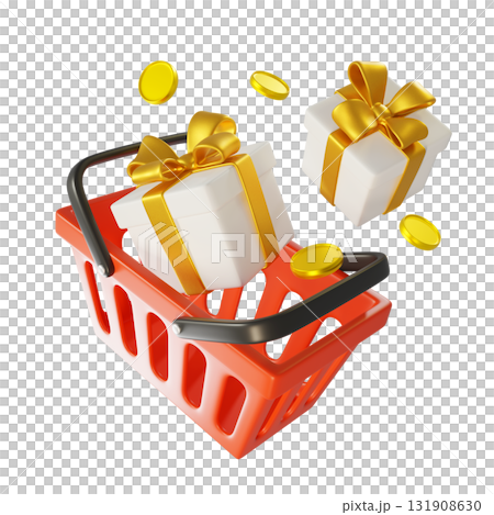 Red Supermarket Shopping Basket, White Gift Boxes with a Golden Bow and flying Gold Coins. 3d render. 3D Icon for Christmas, Greeting cards and promotional materials on a transparent background 131908630
