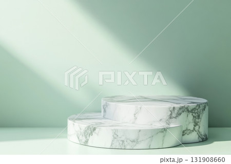 Podium for Cosmetics, Soap, Items Presentation. Abstract Minimal Geometric Sphere. Cylinder Two Forms, Soft Shadow. Scene to Show Product, Object. Showcase Display Case. Palm Leaf, Cian Tones Ad Stand 131908660