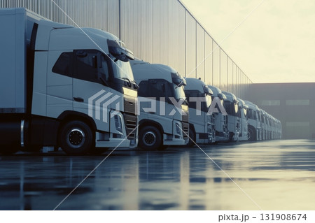White trucks parked at a bustling logistics hub area in a row. Lineup of several trucks in the truck parking fully prepared, ready for deliveries. Van transportation truck park. Warehouse distribution White trucks parked at a bustling logistics hub area in a row. Lineup of several trucks in the truck parking fully prepared, ready for deliveries. Van transportation truck park. Warehouse distribution 131908674
