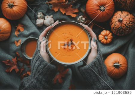 Thanksgiving meal. Delicious Warm Pumpkin Soup by Beautiful Seasonal Decor and Flavorful Spices. Woman hands in sweater serving Cozy bowl of rich Creamy pumpkin soup. Enjoying fall. Top view, flat lay Thanksgiving meal. Delicious Warm Pumpkin Soup by Beautiful Seasonal Decor and Flavorful Spices. Woman hands in sweater serving Cozy bowl of rich Creamy pumpkin soup. Enjoying fall. Top view, flat lay 131908689