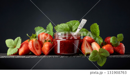 Strawberry jam and fresh berries. 131908763