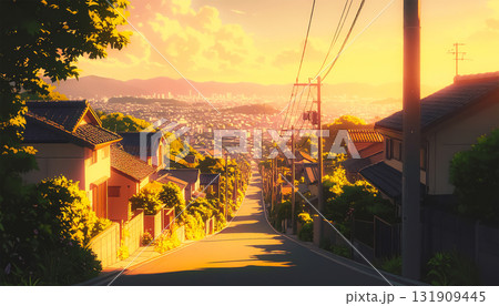 夕暮れの住宅街と坂道の風景 131909445