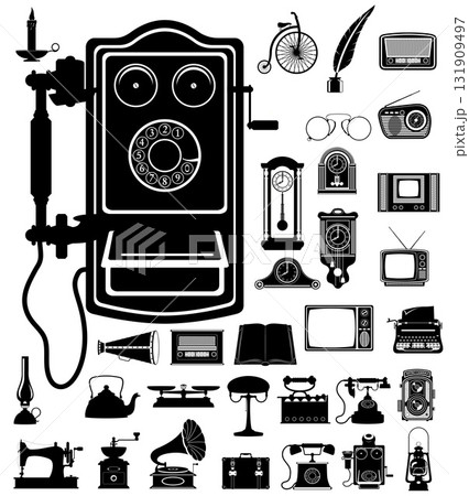 much objects items retro old vintage icons black silhouette cartoon stock vector illustration 131909497