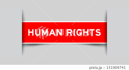 Red color square shape sticker label with word human rights inserted in gray background 131909741