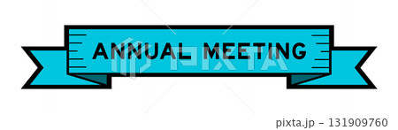 Ribbon label banner with word annual meeting in blue color on white background 131909760