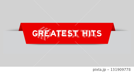 Red color inserted label with word greatest hits on gray background 131909778